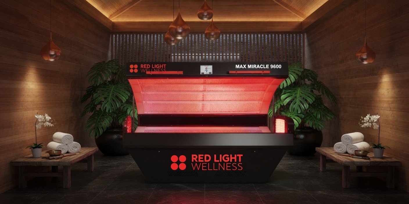 PureExos full-body red light therapy bed in a clinic room